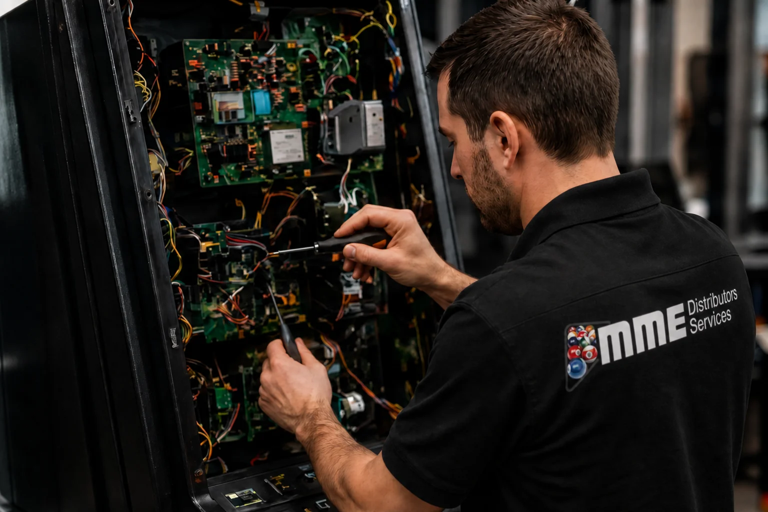 Técnico de MME trabajando en la electrónica de un equipo
